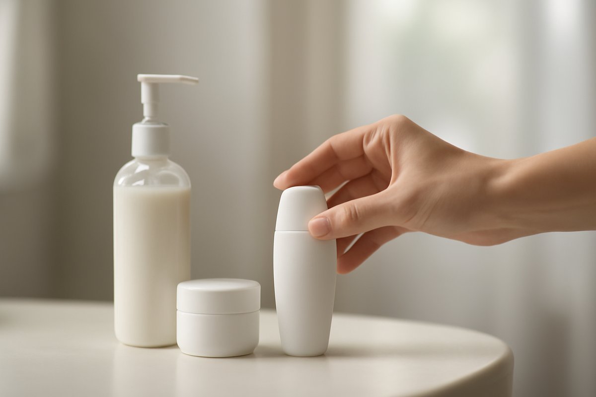 A clean, minimalist bathroom counter with three essential skincare products, symbolizing a simplified routine.