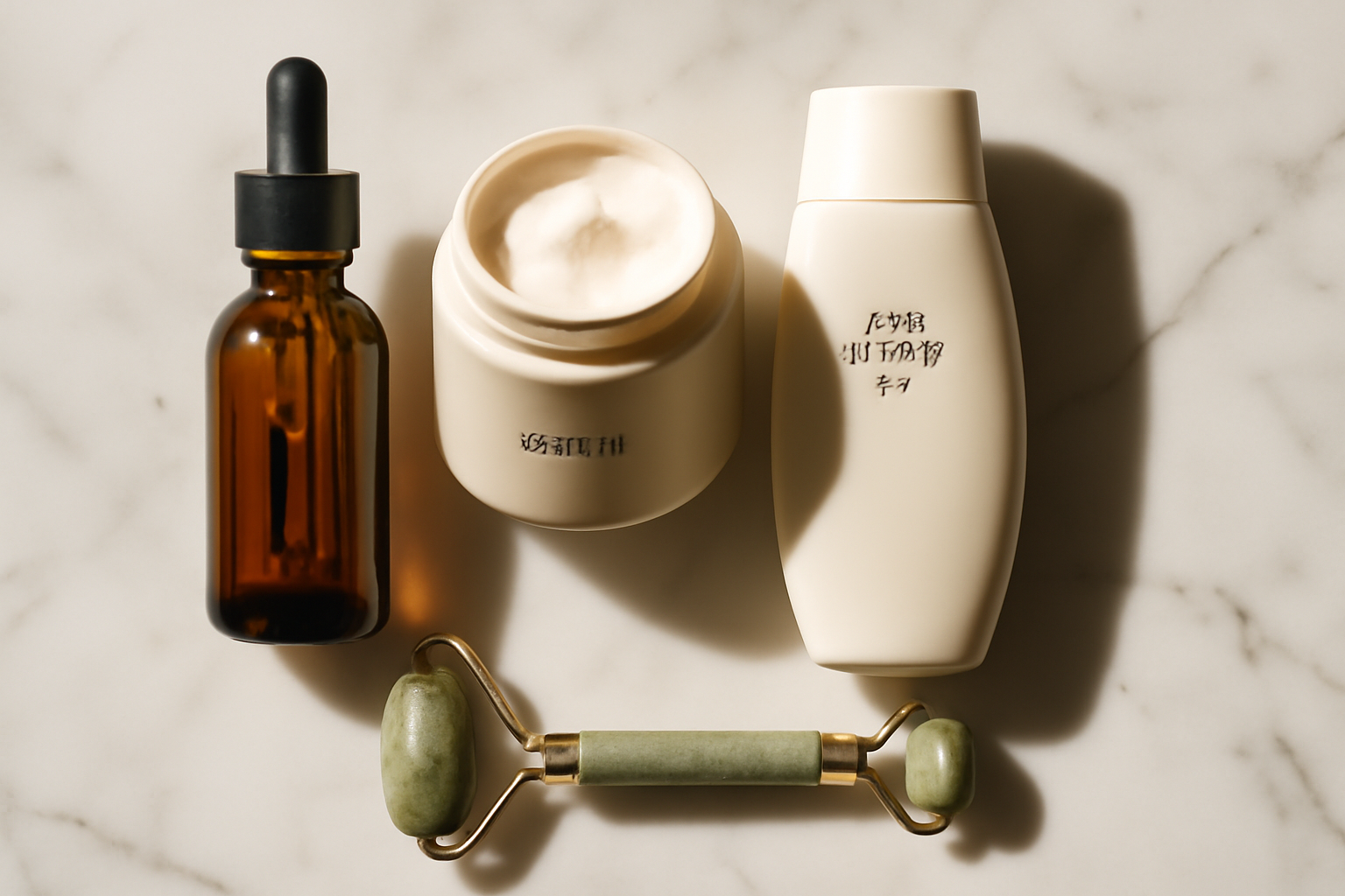 Flat lay of anti-aging skincare products including vitamin C serum, retinol, SPF, and moisturizer on white marble