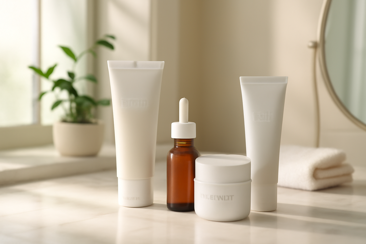 Neatly arranged morning skincare products on a white marble bathroom counter with natural light