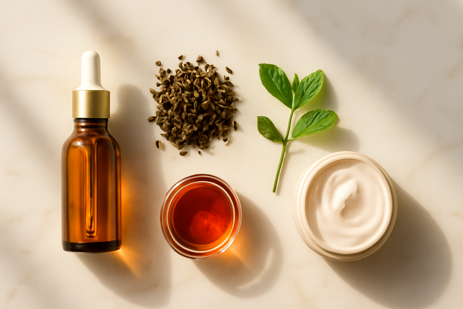 Flat lay of natural skincare ingredients including vitamin C serum, rosehip oil, and niacinamide on white marble