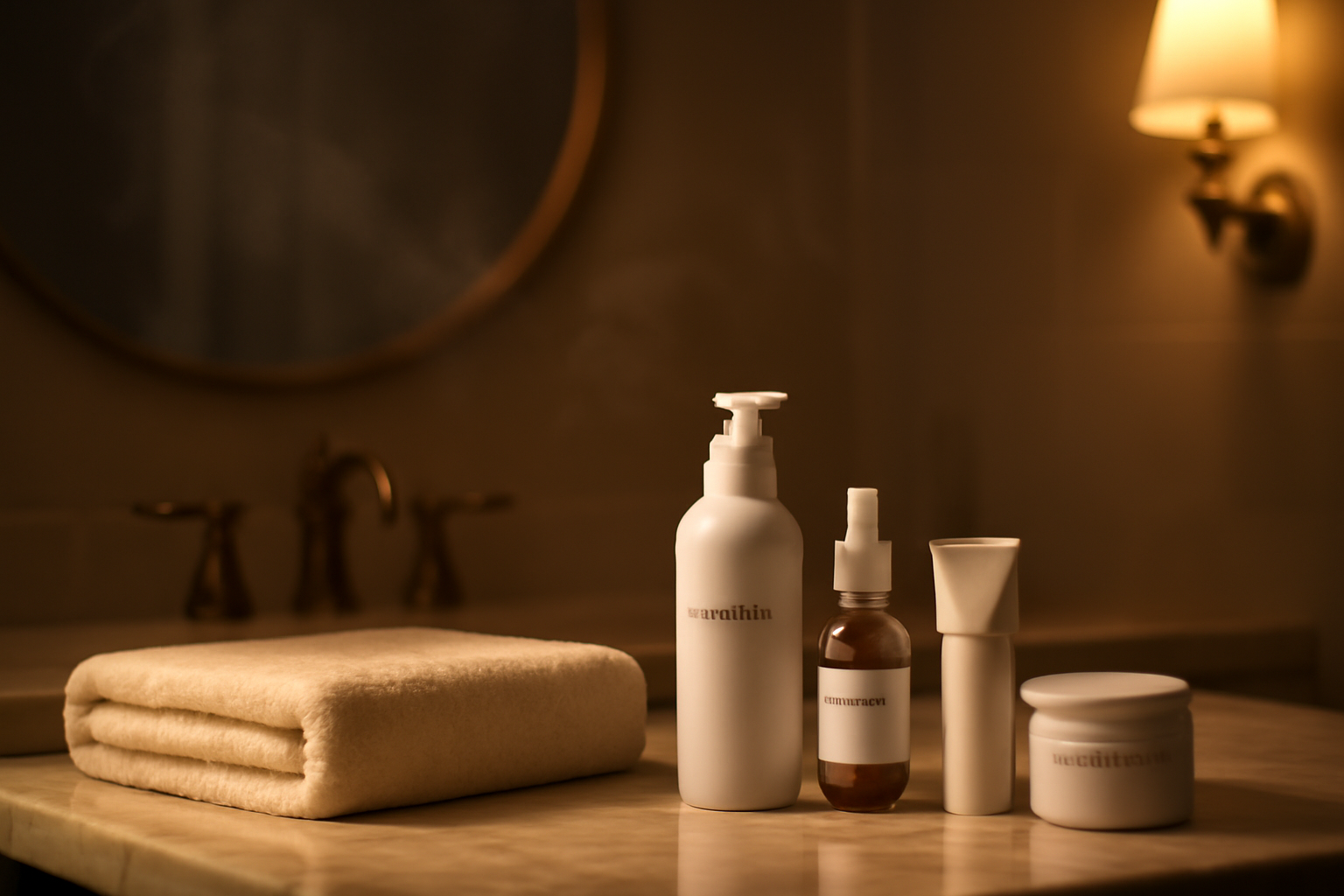 Nighttime skincare routine products arranged on a bathroom vanity with warm lighting