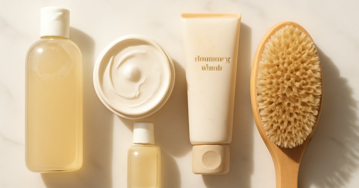 Flat lay of body skincare products including body wash, moisturizer, exfoliating lotion, dry brush, and SPF on a white marble surface