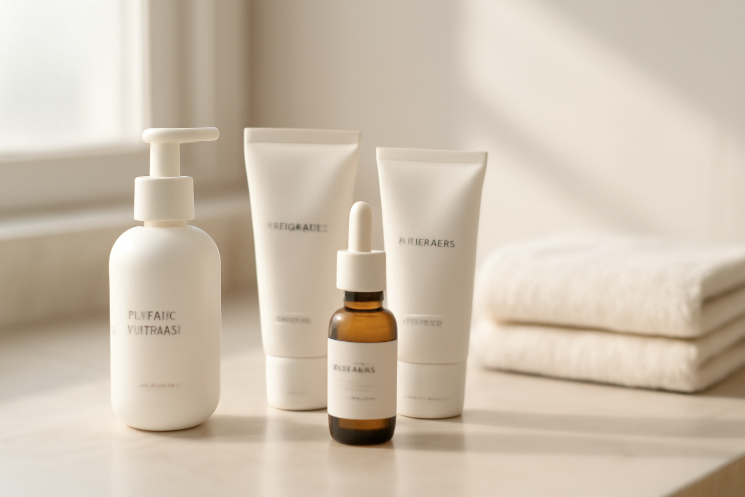 Affordable drugstore skincare products arranged on a clean bathroom countertop in natural light