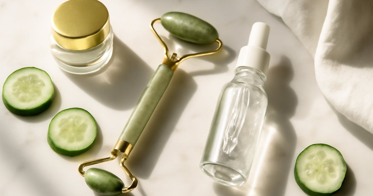 Flat lay of eye cream jar, jade roller, and serum dropper on white marble with cucumber slices