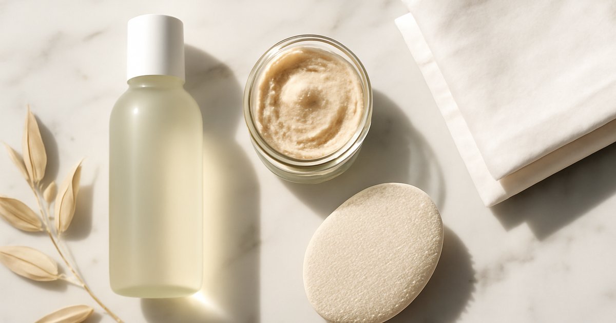 Flat lay of facial exfoliation skincare products including acid toner and soft face scrub on white marble