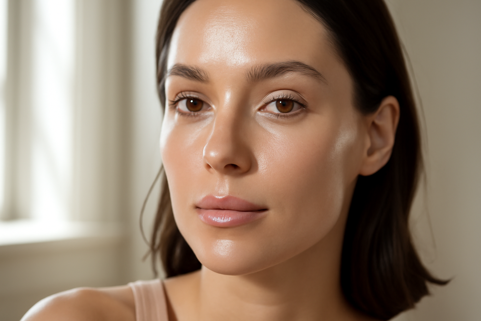 Woman with glowing glass skin following a layered skincare routine in natural light