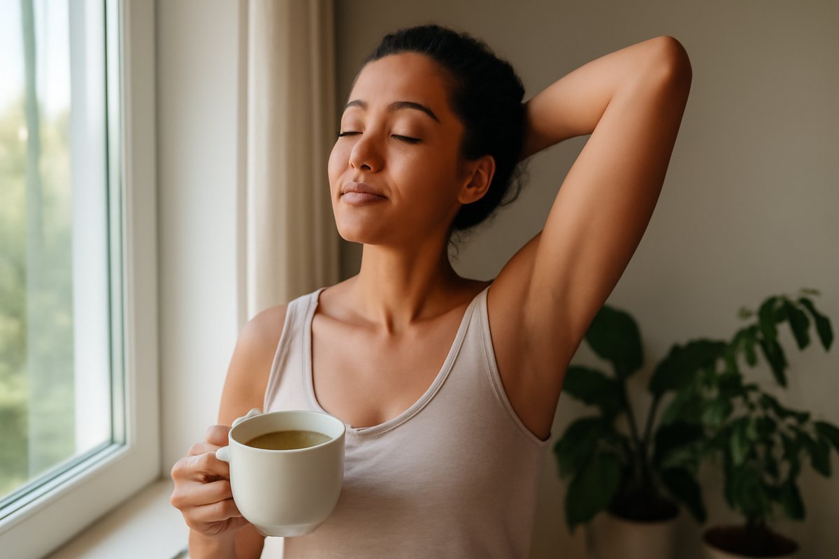 A woman with glowing skin practicing a mindful morning routine, embodying holistic skincare.