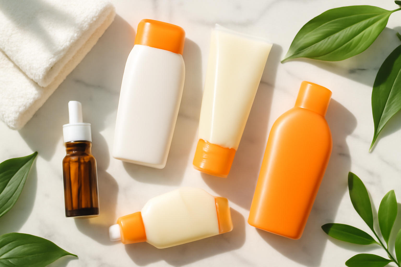 Assorted sunscreen bottles for different skin types arranged on a white marble surface with natural light