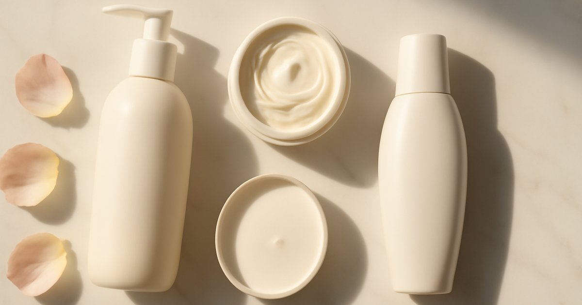Minimalist skincare products for skin barrier repair including ceramide moisturizer and gentle cleanser on white marble