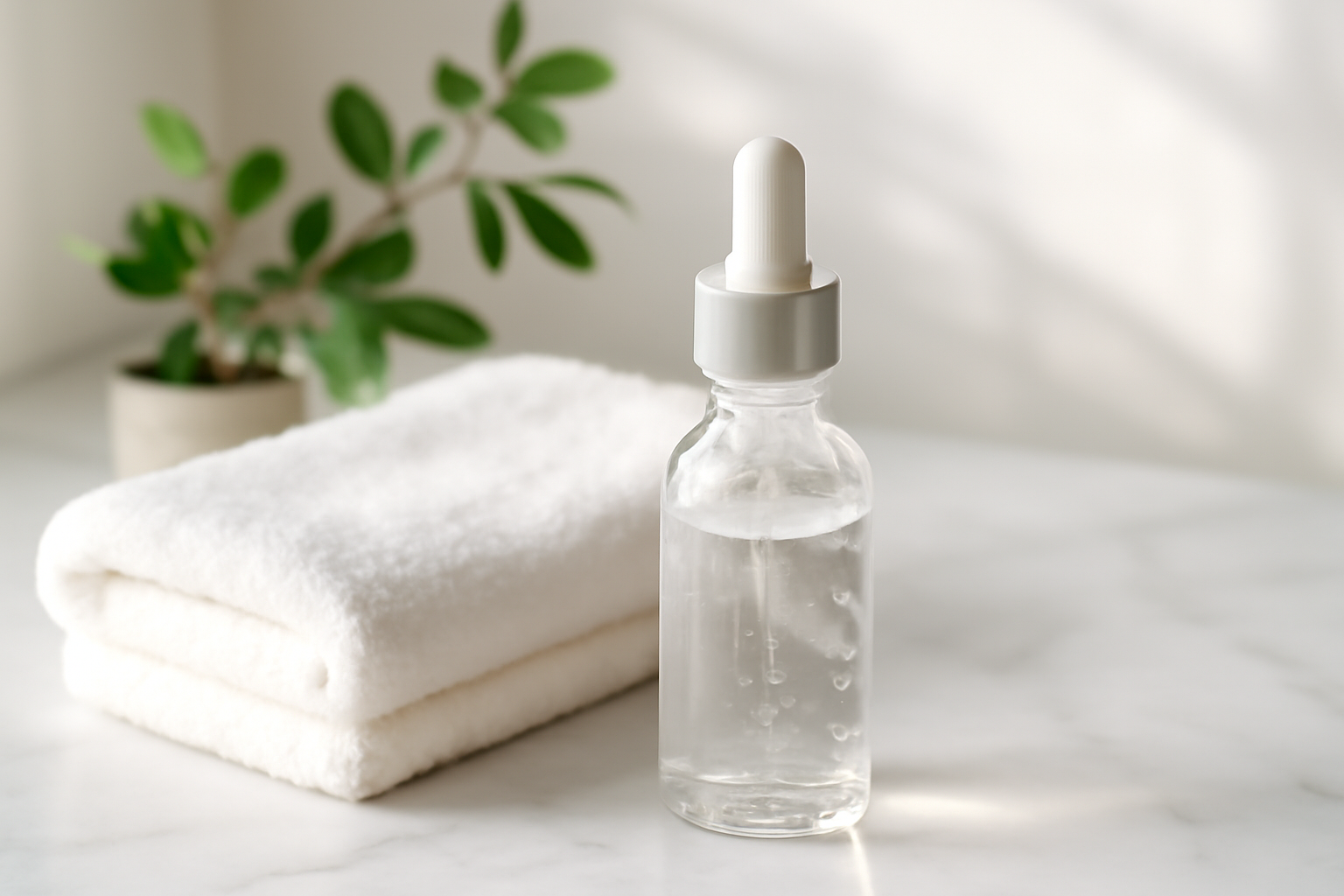 Hyaluronic acid serum bottle on white marble surface with water droplets and soft natural light