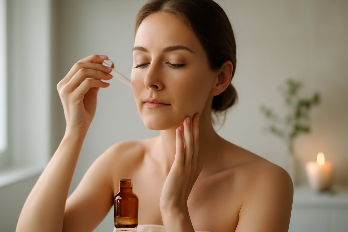 Woman practicing mindful skincare ritual, applying serum with closed eyes