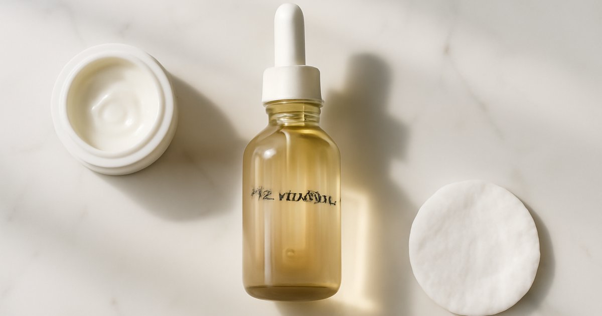Niacinamide serum bottle on a white marble surface with minimalist skincare products in natural light