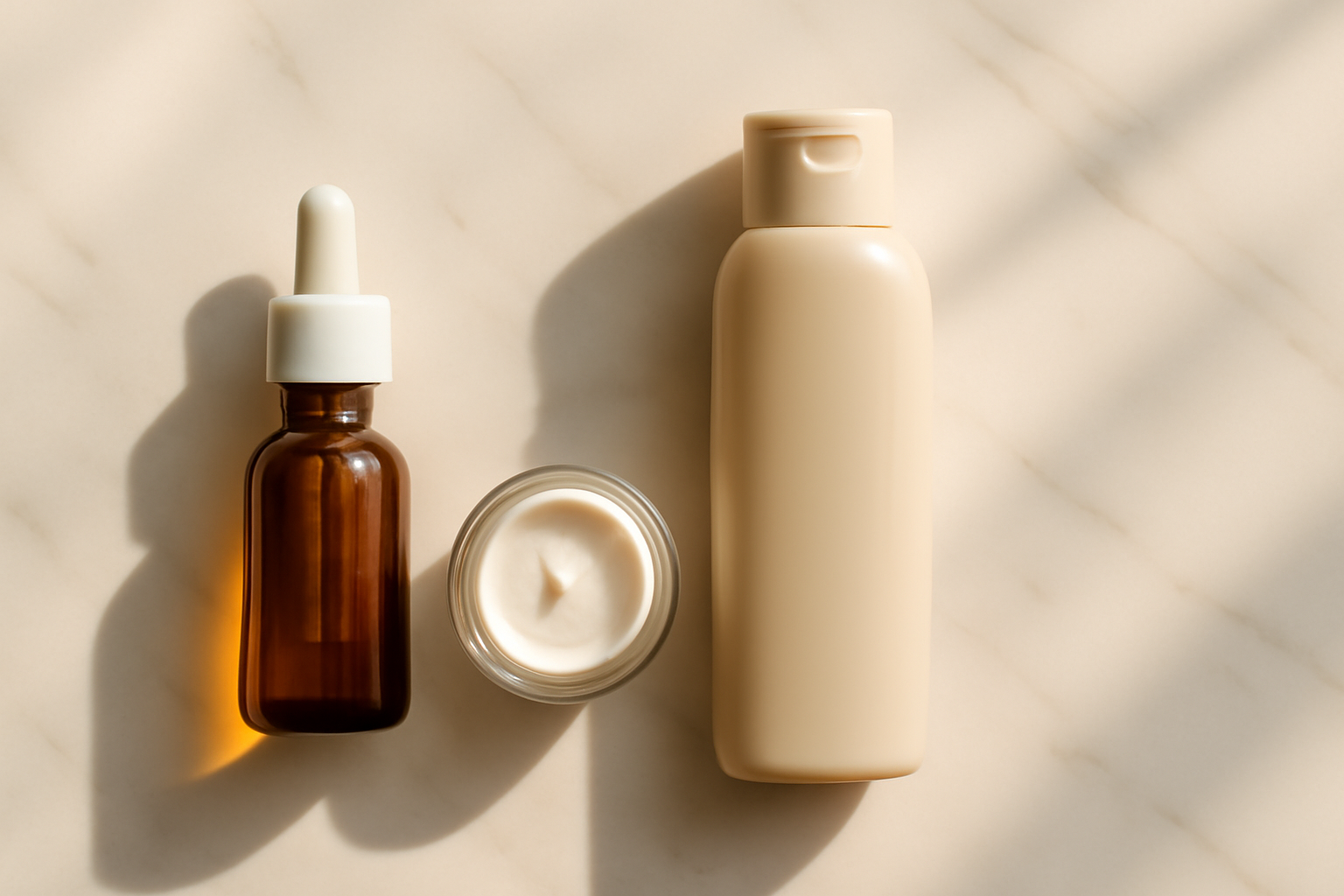 Retinol serum and moisturizer arranged on a marble surface for a beginner skincare routine