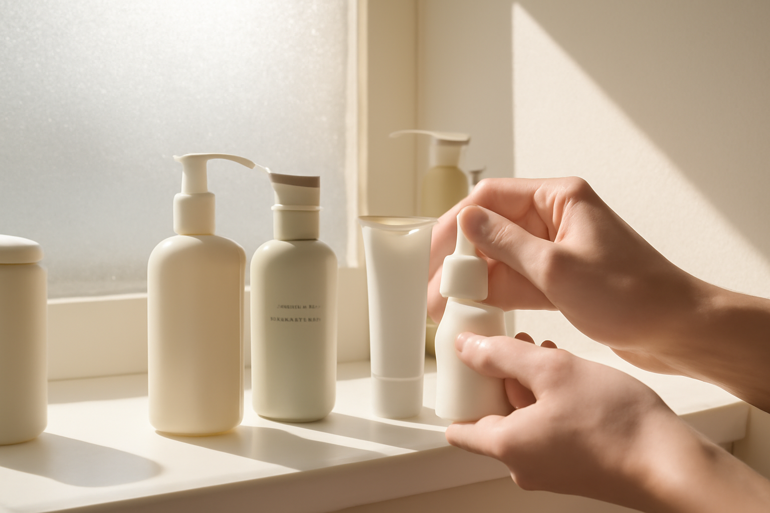 Woman with calm sensitive skin holding gentle skincare products on a minimalist bathroom shelf
