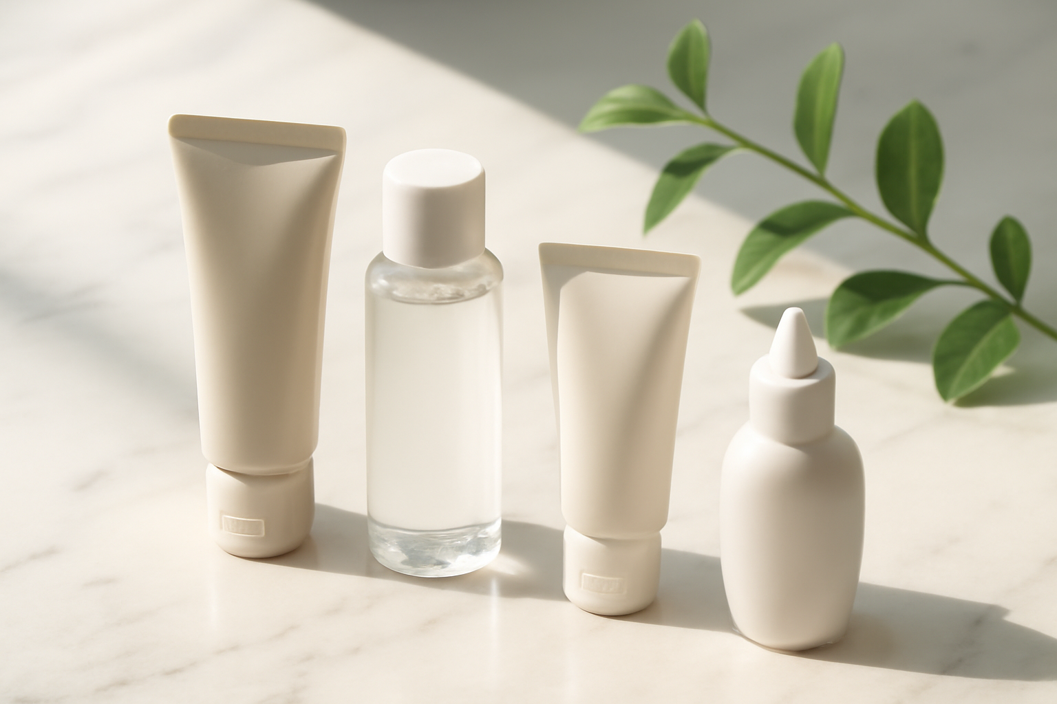 Flat lay of skincare products for a combination skin routine on white marble surface