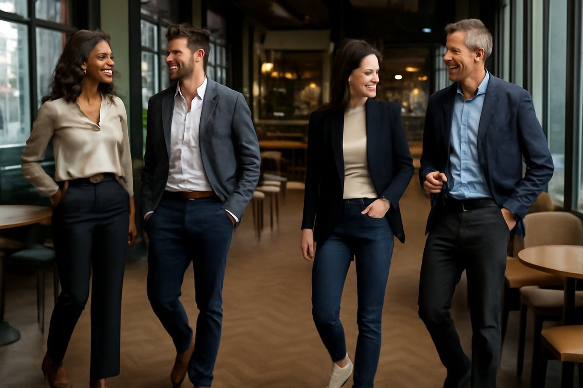 Diverse adults confidently showcasing smart casual fashion in a cafe