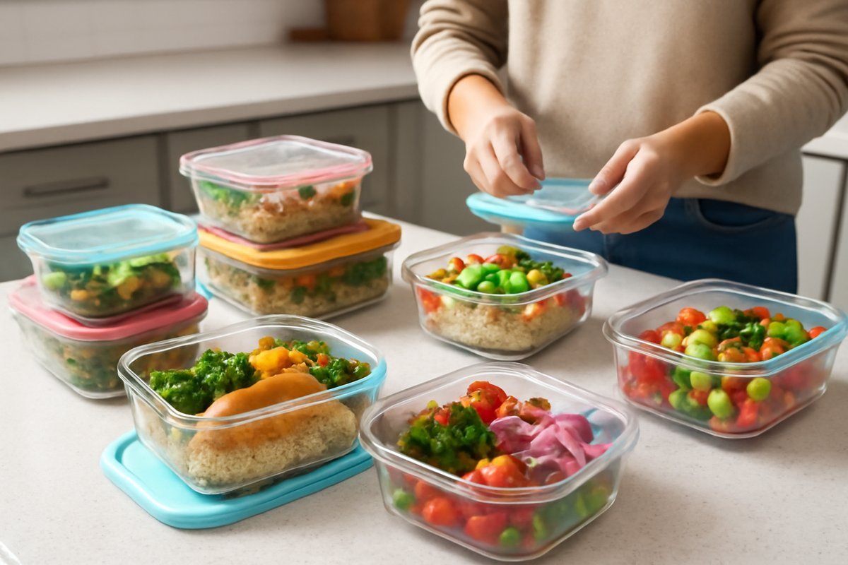 Organized kitchen counter with glass meal prep containers filled with healthy food for a busy week.