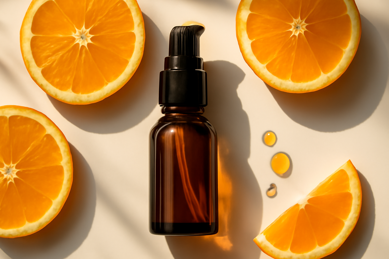 Dark glass vitamin C serum bottle on a white surface with sliced oranges in soft morning light