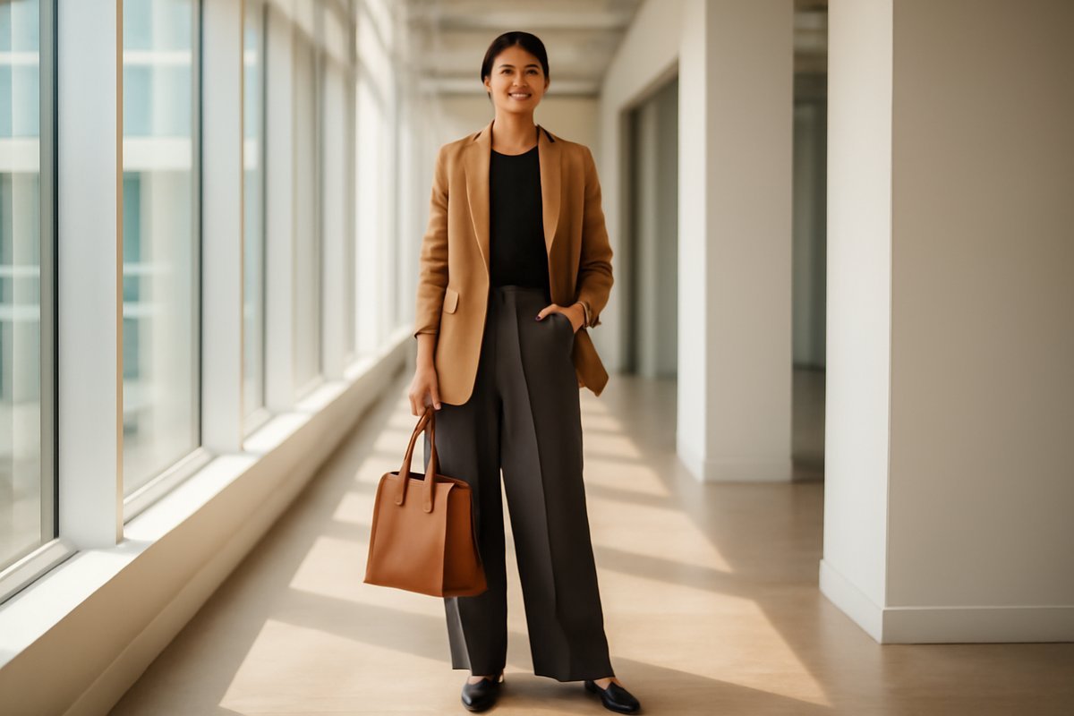 Professional woman in tailored camel blazer and wide-leg trousers in a modern office setting
