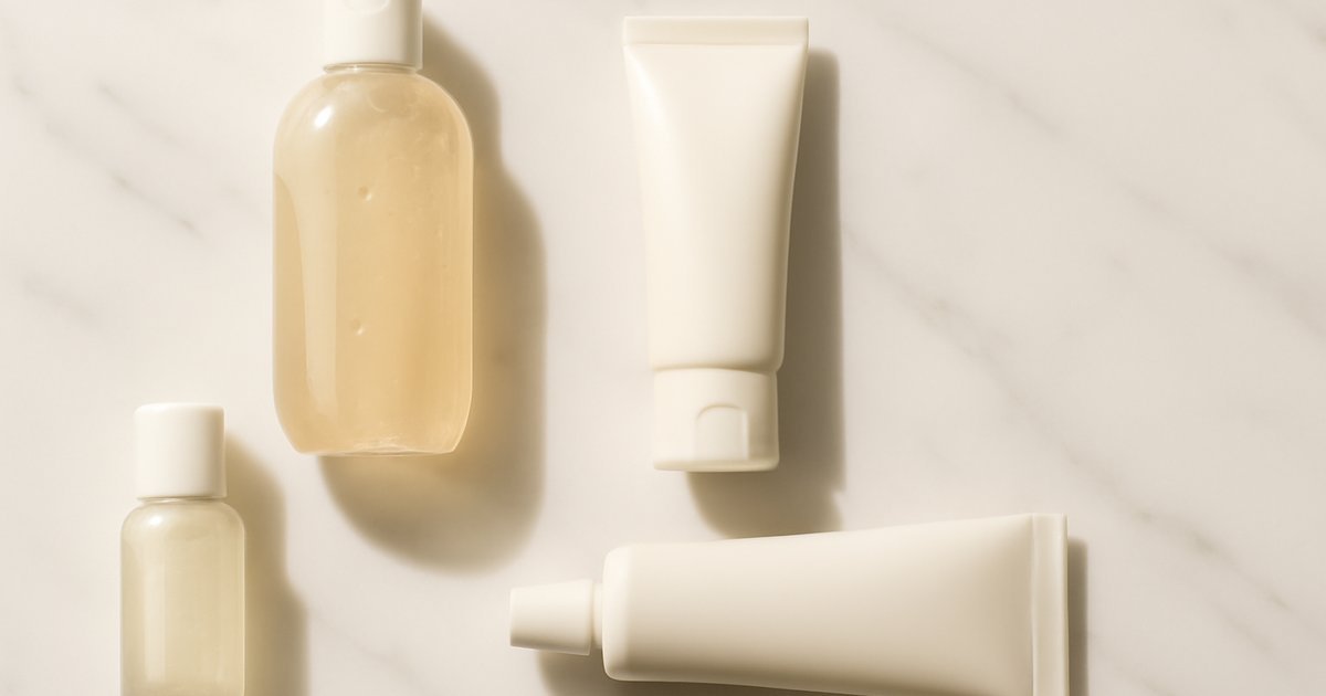 Flat lay of skincare products for an acne-prone skin care routine on white marble