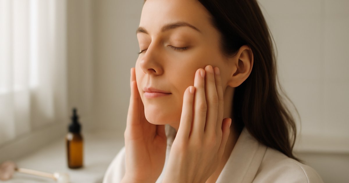 Woman performing gentle facial massage for lymphatic drainage with fingertips in morning light