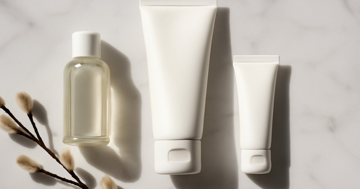 Salicylic acid skincare products flat lay on white marble surface with natural light
